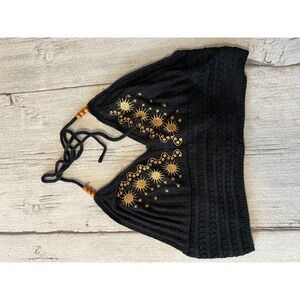 Romwe Black Sun Moon‎ Embroidery Halter Bikini Top Beaded Tie Neck 2XL